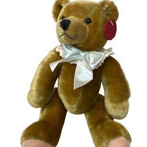 Schuco Jointed Teddy Bear Brown Purring Sound Hang Tag 11" W/ Bow Ruffle